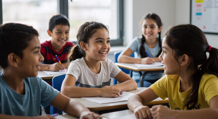 young students smiling and interacting during class in a bright classroom setting