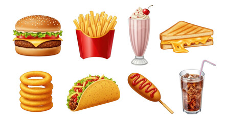 Delicious fast food assortment featuring burgers fries tacos sandwiches and shakes