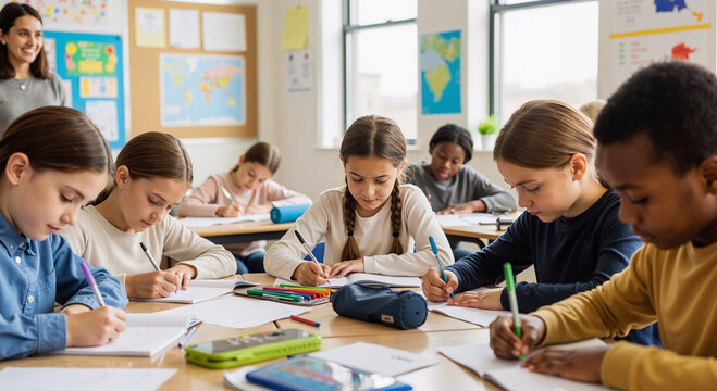 diverse group of attentive children writing in classroom during a lesson