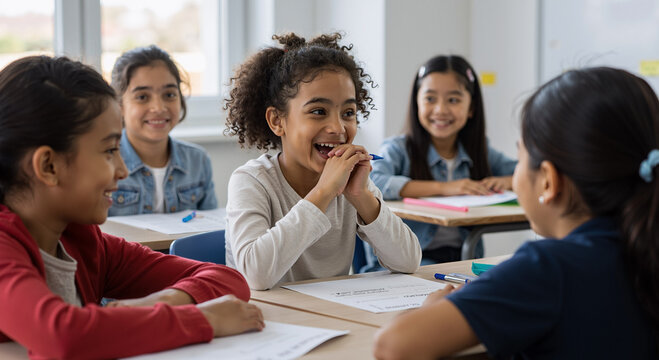 diverse group of young students laughing and learning together in a classroom - Powered by Adobe