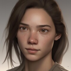 A highly detailed, hyper-realistic close-up portrait of an AI-generated human face. This digital artwork features lifelike skin textures, expressive eyes, and natural lighting.