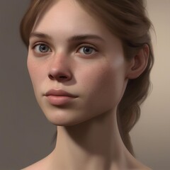 A highly detailed, hyper-realistic close-up portrait of an AI-generated human face. This digital artwork features lifelike skin textures, expressive eyes, and natural lighting.