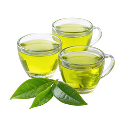 Three glasses of refreshing green tea with leaves on black backdrop