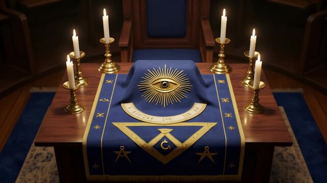 Masonic lodge altar with all seeing eye and square and compass symbols for secret society ritual footage