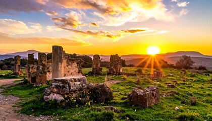Ancient ruins bathed in a vibrant sunset