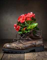 Worn work boot with vibrant red flowers