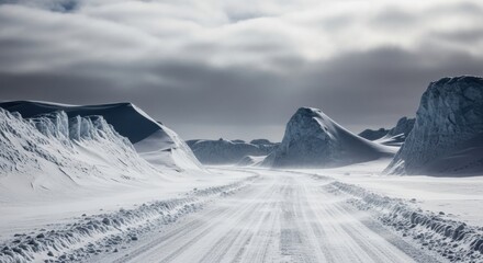 Dramatic snow covered road leading through frozen mountains under a stormy sky, perfect for adventure travel campaigns and winter tourism brochures