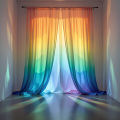Colorful gradient rainbow curtains hanging in modern interior with natural light casting vibrant reflections, creative home decor, stylish window treatment, and artistic interior design