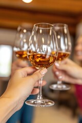 Obraz premium Celebration with friends toasting glasses of white wine indoors