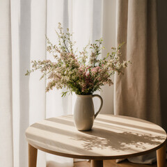 Wildflowers in Ceramic Vase on Wooden Table by Window