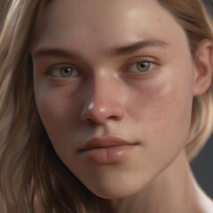 A highly detailed, hyper-realistic close-up portrait of an AI-generated human face. This digital artwork features lifelike skin textures, expressive eyes, and natural lighting.