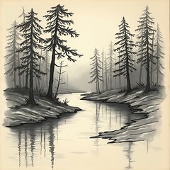 Black and White Forest River Landscape Illustration