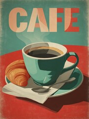 Retro Coffee Cup Illustration with Cafe Sign