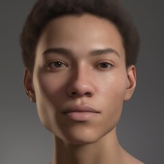A highly detailed, hyper-realistic close-up portrait of an AI-generated human face. This digital artwork features lifelike skin textures, expressive eyes, and natural lighting.