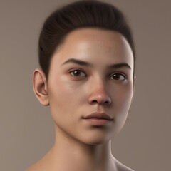 A highly detailed, hyper-realistic close-up portrait of an AI-generated human face. This digital artwork features lifelike skin textures, expressive eyes, and natural lighting.
