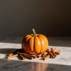 Small Pumpkin with Cinnamon Sticks on Marble Background