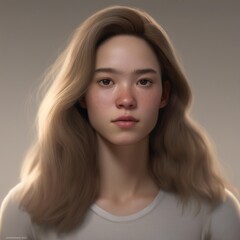 A highly detailed, hyper-realistic close-up portrait of an AI-generated human face. This digital artwork features lifelike skin textures, expressive eyes, and natural lighting.