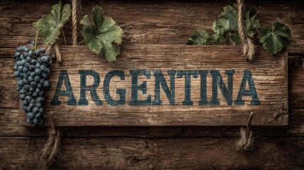 Sign depicting Argentina with grapes, emphasizing the country's rich wine culture and scenic vineyards in a rustic setting
