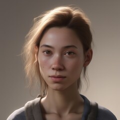 A highly detailed, hyper-realistic close-up portrait of an AI-generated human face. This digital artwork features lifelike skin textures, expressive eyes, and natural lighting.