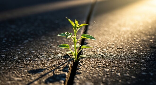 Resilient Sprout: A vibrant sprout emerges from a crack in concrete, symbolizing resilience, hope, and the tenacious power of growth against all odds. It is bathed in sunlight.