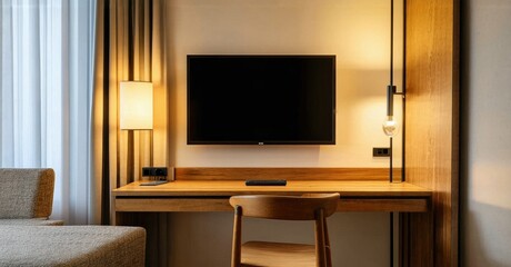 Fototapeta premium Warm interior scene. Desk, chair, lamp, television present. Neutral tones dominate rooms aesthetic. Minimalist design, cozy atmosphere.