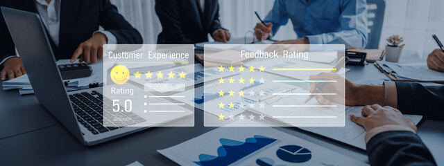 A dynamic business meeting focused on discussing customer experience and feedback ratings, featuring modern technology and collaborative teamwork in an office environment. Trope