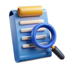 3d checklist and magnifying glass icon for data analysis and research isolated on transparent background