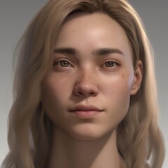 A highly detailed, hyper-realistic close-up portrait of an AI-generated human face. This digital artwork features lifelike skin textures, expressive eyes, and natural lighting.