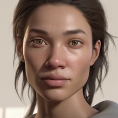 A highly detailed, hyper-realistic close-up portrait of an AI-generated human face. This digital artwork features lifelike skin textures, expressive eyes, and natural lighting.