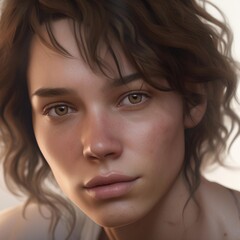 A highly detailed, hyper-realistic close-up portrait of an AI-generated human face. This digital artwork features lifelike skin textures, expressive eyes, and natural lighting.