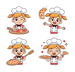 Cute cartoon girl chef making pizza in different poses