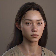 A highly detailed, hyper-realistic close-up portrait of an AI-generated human face. This digital artwork features lifelike skin textures, expressive eyes, and natural lighting.