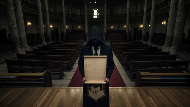 Cloaked man in a masonic apron holding an ancient scroll in a large ceremonial hall, a mysterious secret society ritual footage