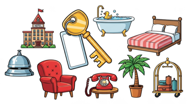 Hotel icons collection vintage objects including key bed bathtub and bell symbols