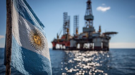 Argentina's flag waving in the ocean near an offshore oil rig under a sunny sky