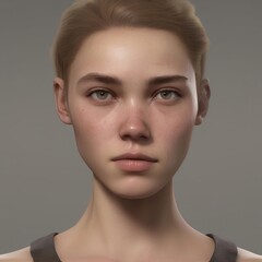 A highly detailed, hyper-realistic close-up portrait of an AI-generated human face. This digital artwork features lifelike skin textures, expressive eyes, and natural lighting.