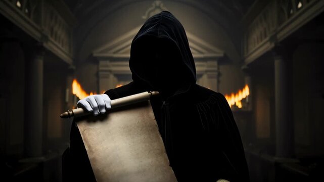 Grim mysterious robed man in white gloves holds secret scroll in ancient hall, revealing old paper text for conspiracy footage.