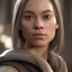 A highly detailed, hyper-realistic close-up portrait of an AI-generated human face. This digital artwork features lifelike skin textures, expressive eyes, and natural lighting.