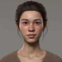 A highly detailed, hyper-realistic close-up portrait of an AI-generated human face. This digital artwork features lifelike skin textures, expressive eyes, and natural lighting.