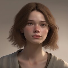 A highly detailed, hyper-realistic close-up portrait of an AI-generated human face. This digital artwork features lifelike skin textures, expressive eyes, and natural lighting.