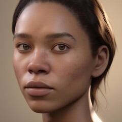 A highly detailed, hyper-realistic close-up portrait of an AI-generated human face. This digital artwork features lifelike skin textures, expressive eyes, and natural lighting.