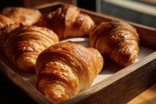 Fresh croissants on a wooden tray with golden flaky layers for breakfast or bakery imagery