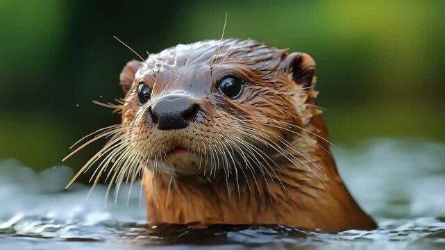 Curious otter emerges from the water, water droplets falling from its fur, showing whiskers and a small nose