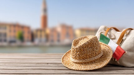 Straw hat and bag on a wooden dock with waterfront view in Italy during a sunny day