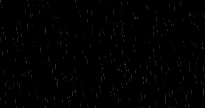 Rain and wind effect on dark alpha channel. Raindrops falling down on background. Thunderstorm in autumn weather. Pouring storm. Overlay effect. Realistic graphic animated footage