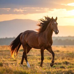 Obraz premium A brown horse runs across a golden field at sunset. Its mane and tail flow in the wind. Mountains are in the distance