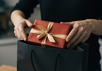 woman placing red gift box with gold bow into black shopping bag during holiday season