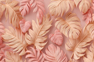 Pink and beige textured leaves on a pink background tropical leaf arrangement