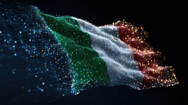 Digital representation of the Italian flag flowing in a vibrant web of lights and particles at night