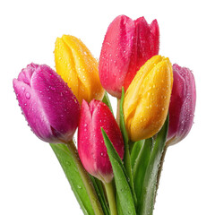 Beautiful bouquet of vibrant tulips with water droplets ontransparent background
